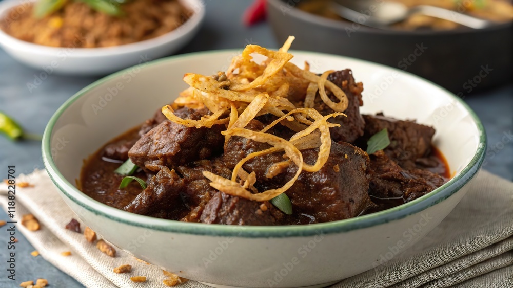 Delicious bowl of beef rendang garnished with fried shallots served at a cozy dining table Delicious bowl of beef rendang garnished with fried shallots served at a cozy dining table