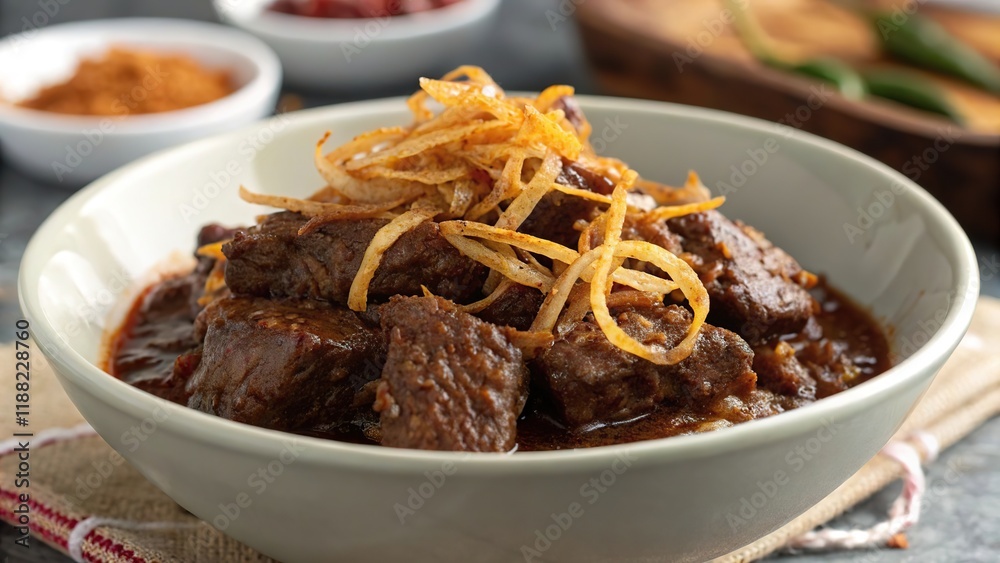 Bowl of savory beef rendang topped with crispy shallots and garnished with herbs Bowl of savory beef rendang topped with crispy shallots and garnished with herbs
