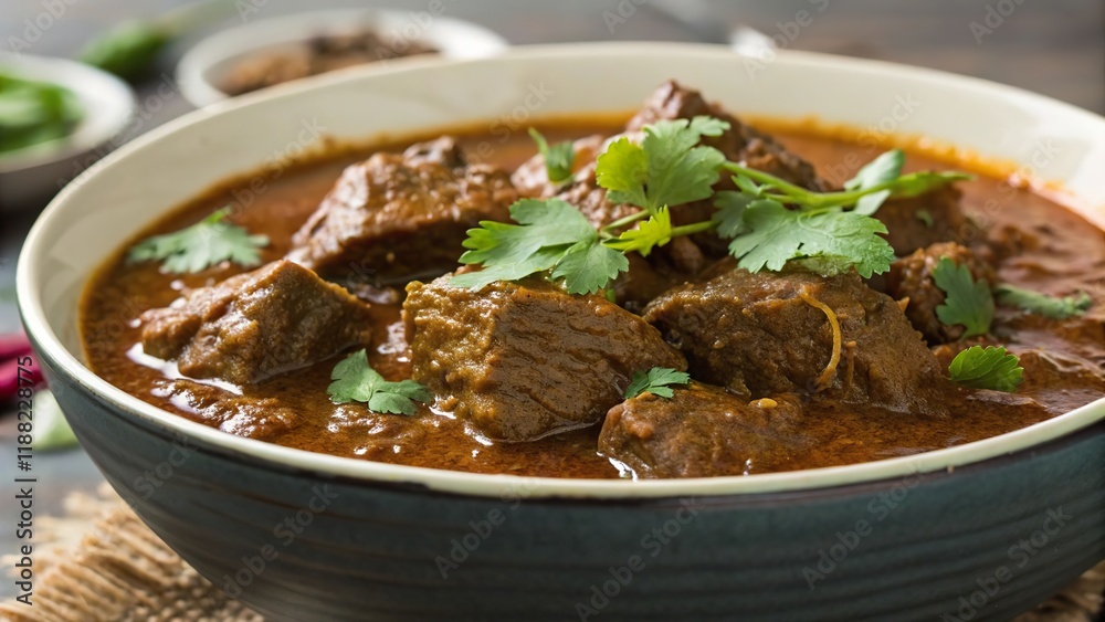 Savoring a close up of beef rendang bowl with tender pieces and herbs garnished for an authentic culinary experience Savoring a close up of beef rendang bowl with tender pieces and herbs garnished for an authentic culinary experience