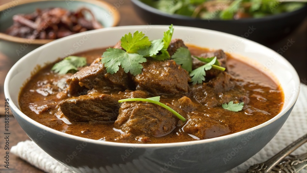Savory bowl of beef rendang with tender meat and fragrant spices garnished with herbs Savory bowl of beef rendang with tender meat and fragrant spices garnished with herbs