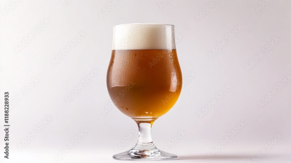 Chilled amber beer in tulip glass against white background Chilled amber beer in tulip glass against white background