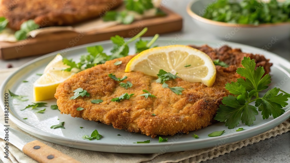Crispy golden beef schnitzel served with lemon and fresh herbs on a plate Crispy golden beef schnitzel served with lemon and fresh herbs on a plate