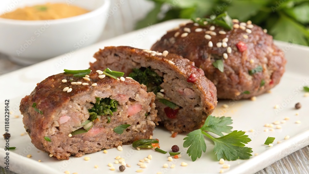 Juicy beef kofta cut in half showcasing fresh herbs and spices on a stylish plate Juicy beef kofta cut in half showcasing fresh herbs and spices on a stylish plate