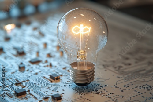 Glowing light bulb standing on a dusty wooden surface photo