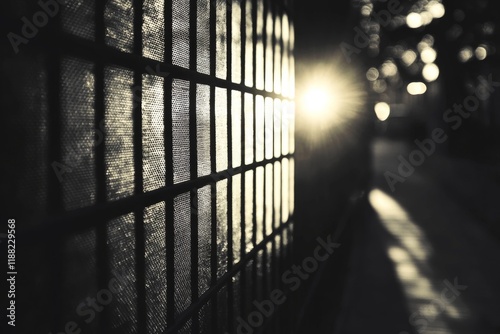 Shadows cast through a metal grid window in dramatic light photo