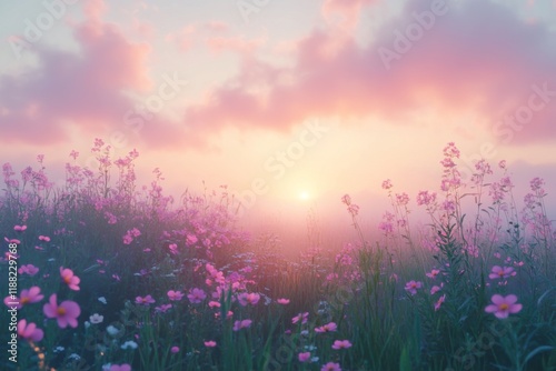 Field of pink wildflowers under a glowing sunset sky photo