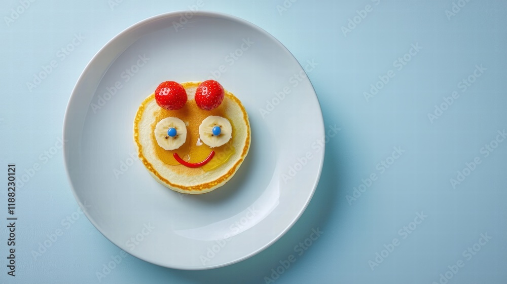 Whimsical pancake face breakfast on a pastel blue background Whimsical pancake face breakfast on a pastel blue background