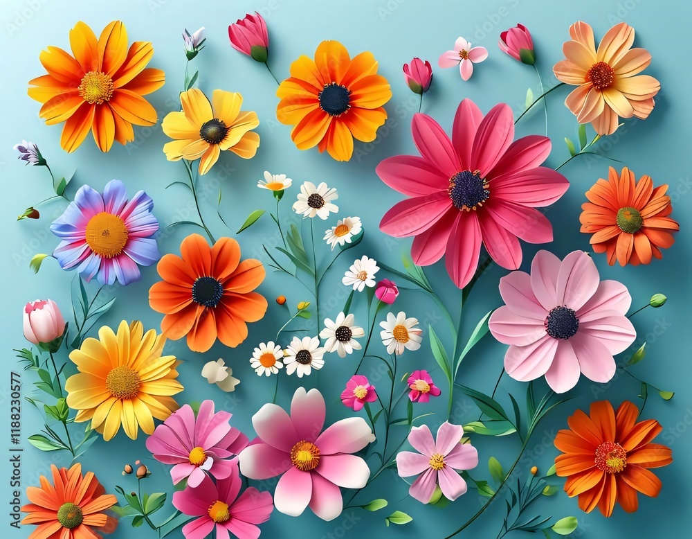 Colorful paper flowers, flat lay, blue background, spring design, greeting card.