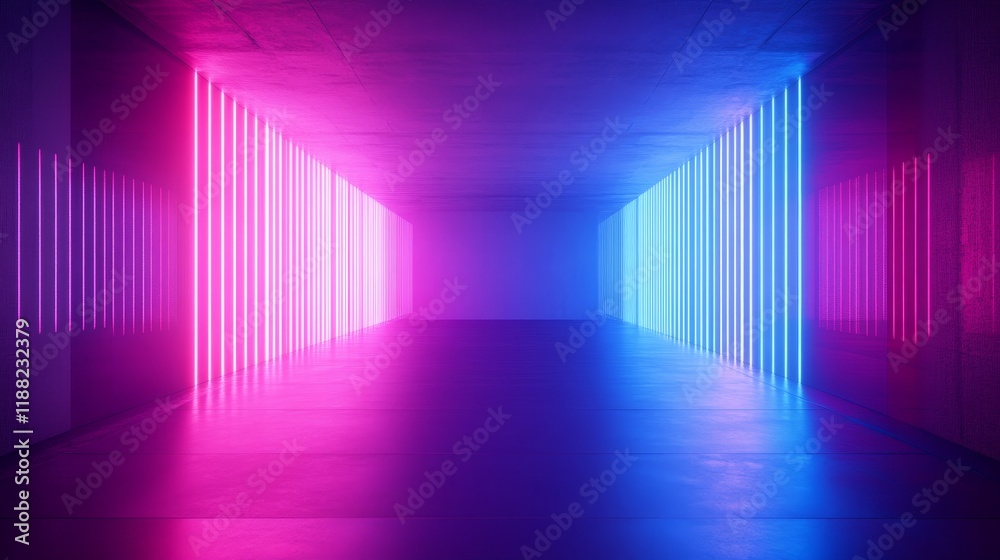 Futuristic neon lit tunnel with symmetrical pink and blue lighting Futuristic neon lit tunnel with symmetrical pink and blue lighting