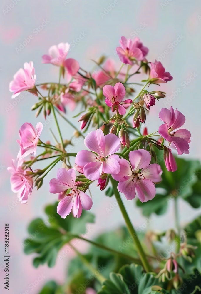 Pink geraniums bloom, pastel backdrop, spring. Pink geraniums bloom, pastel backdrop, spring.