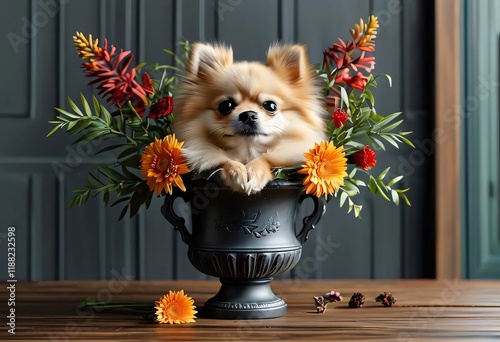 Pomeranian dog in floral urn, autumn backdrop, studio shot. photo