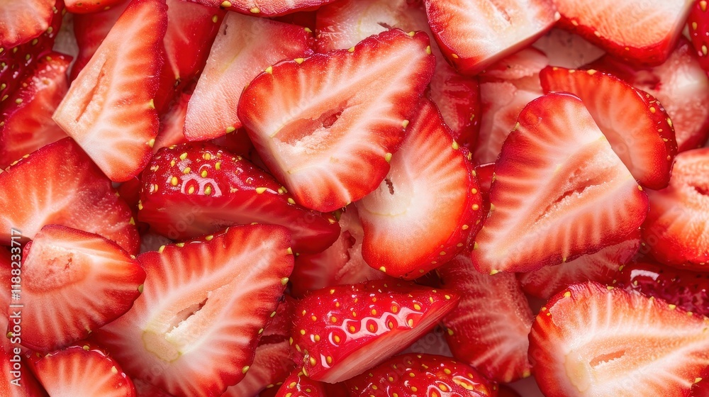 A close-up view of sliced strawberries, showcasing their vibrant red color and seeds. A close-up view of sliced strawberries, showcasing their vibrant red color and seeds.