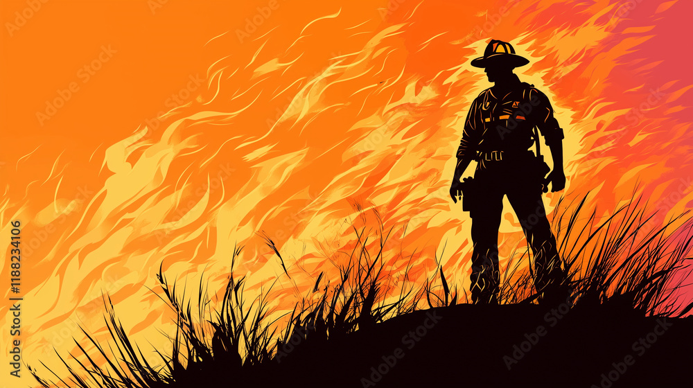 A silhouette of a firefighter against flames A silhouette of a firefighter against flames