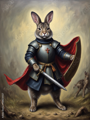 A heroic rabbit knight adorned in armor, holding a sword and shield, set against a mystical, softly lit background.