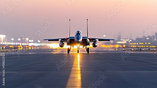 F-15 Eagle Jet on runway at sunset