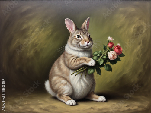 A charming, realistic painting of a rabbit holding a bouquet of roses, showcasing a whimsical yet elegant style. photo