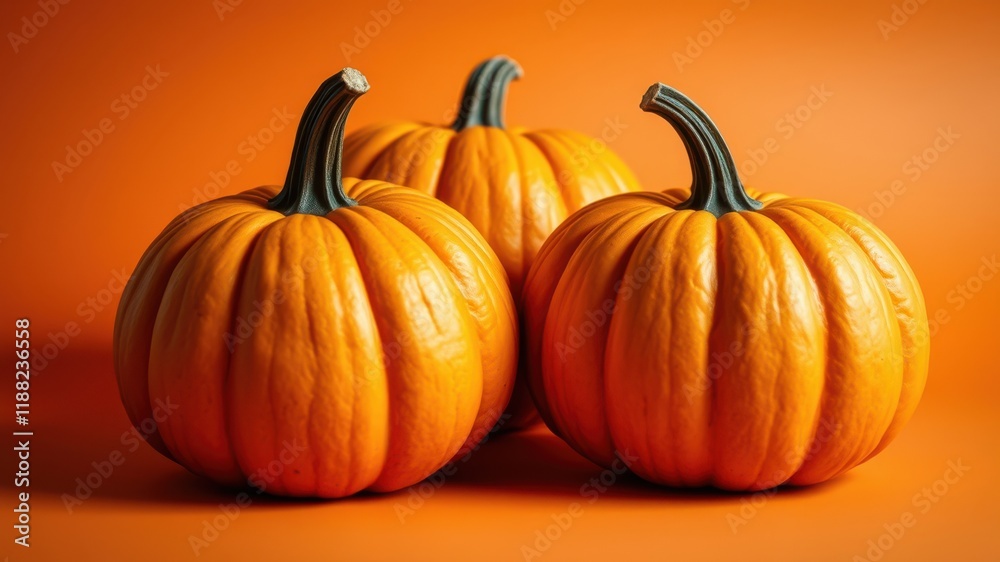 Fototapeta premium Three vibrant pumpkins arranged on a warm orange background, their smooth skin reflecting the autumnal light.