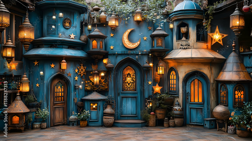 Fototapeta premium Enchanted Night Village with Glowing Lamps and Crescent Moon