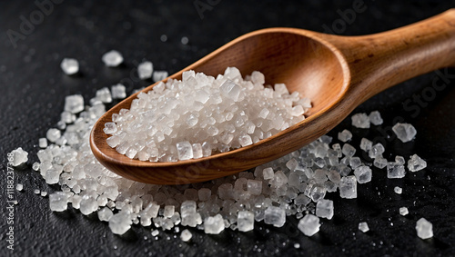 Coarse Sea Salt in Wooden Spoon with Crystals photo