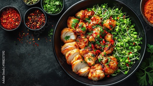 Spiced chicken and greens in a bowl with herbs around it, dark background. photo