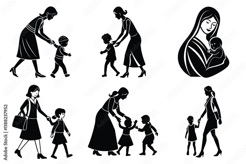 Fototapeta premium Happy Mothers' Day silhouette set. Mother with child playing, walking, holding vector illustration. Mother's Day icon design collection