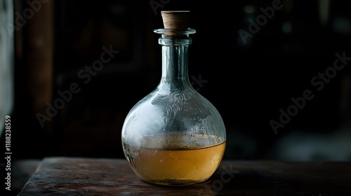 Vintage Glass Bottle with Amber Liquid in a Dark Setting photo