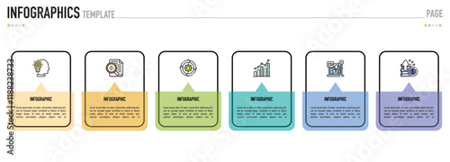 Rectangular infographic template or element with 6 step, process, option, colorful rectangle, icons, triangle, paper origami, button, tag, circle, circular, square bar for sale slide, internet planner