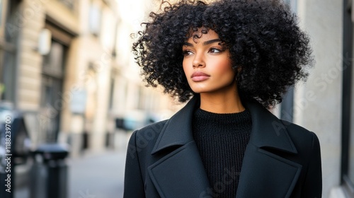 Stylish Woman in City Street, Black Coat, Curly Hair