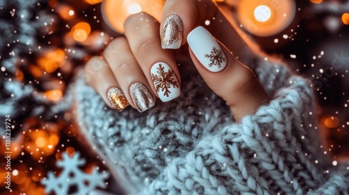 Festive Winter Nail Art: Snowflake Design on Elegant Nails photo