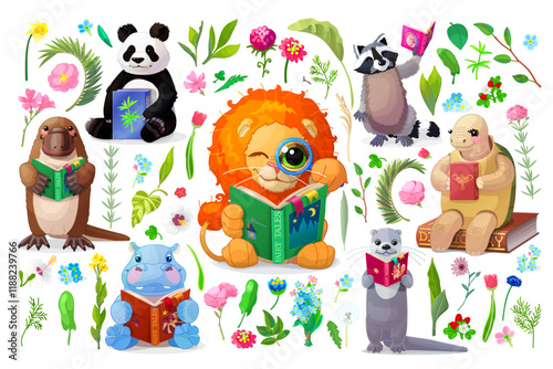 vector funny animals kids studying reading books illustration bundle. Nature cliparts. Children education and reading items, schooling cartoon object illustration. Hand drown Baby graphics concept. 