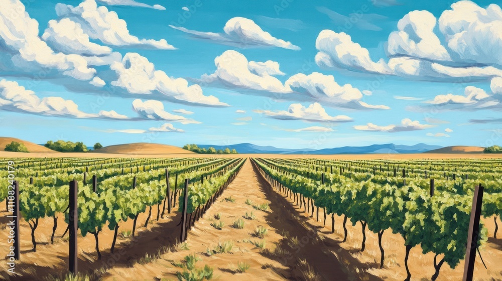 Fototapeta premium Vineyard Rows Under a Sunny Sky with Fluffy Clouds