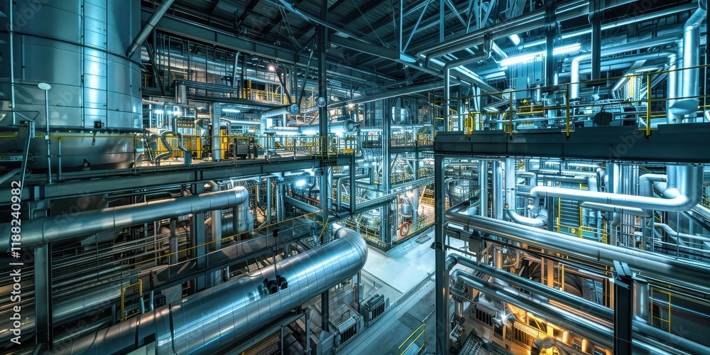 Fototapeta premium A complex industrial facility with interconnected pipes and machinery.