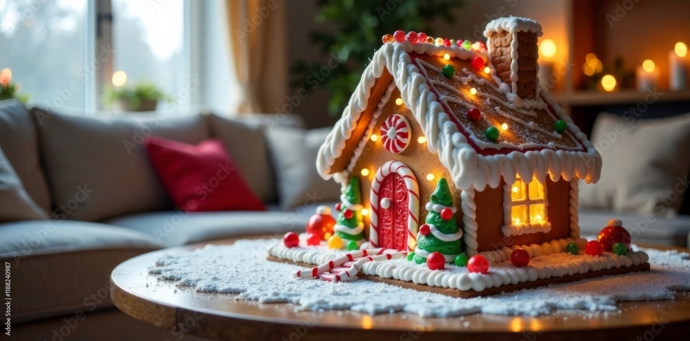 Obraz premium Sparkling ice and candy-adorned gingerbread house on living room table , centerpiece, holiday, candy