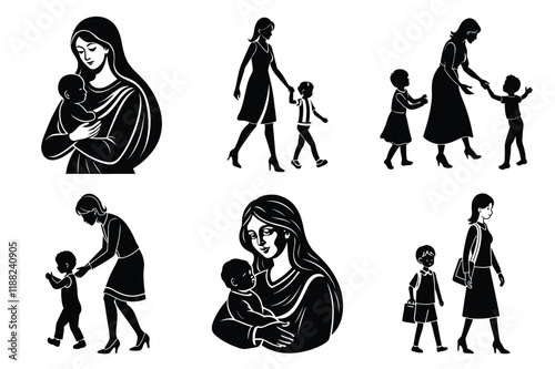 Happy Mothers' Day silhouette set. Mother with child playing, walking, holding vector illustration. Mother's Day icon design collection