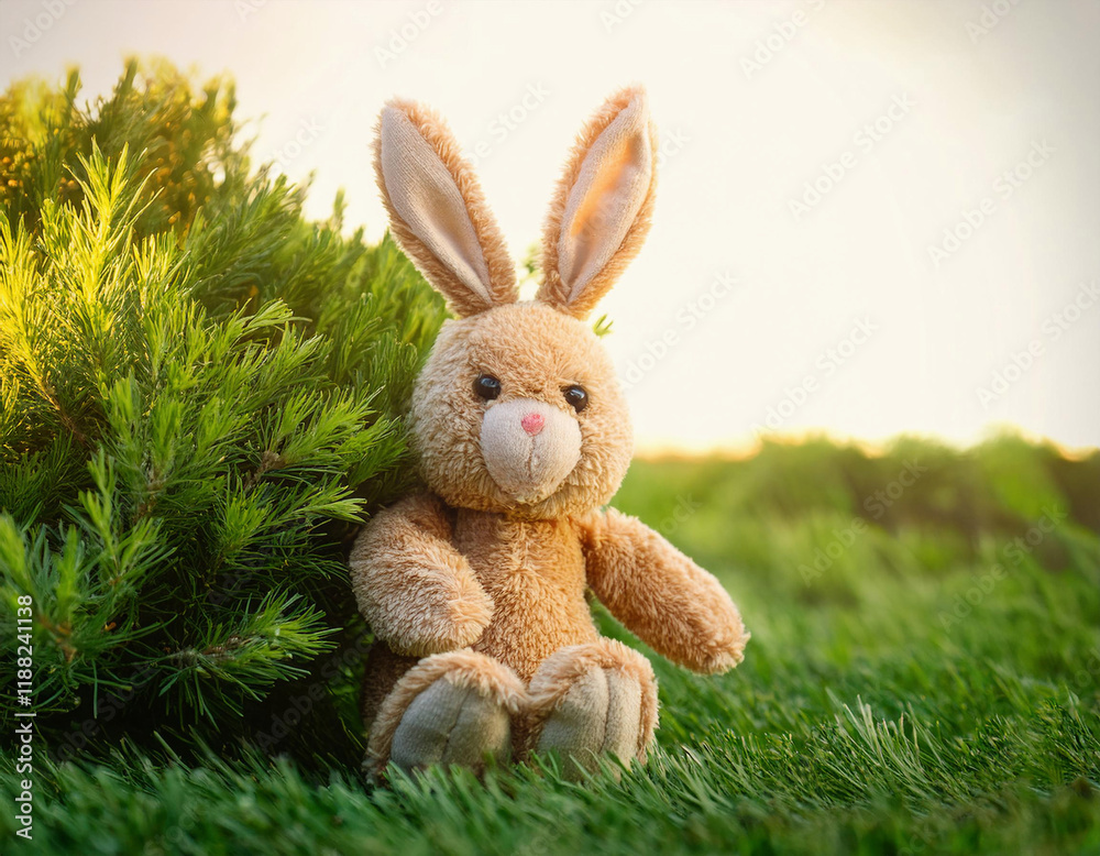 Obraz premium A light brown stuffed bunny rabbit sits in the grass next to a green bush. 