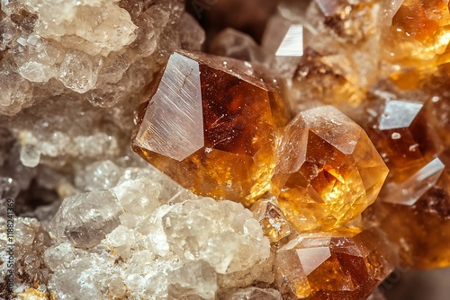 Macro close up of honey colored zircon crystals embedded in a white and gray crystalline matrix, showcasing their complex geometrical facets photo