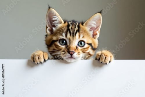 Tabby kitten's head portrait with paws peeking over white placard in a curious pose, funny, head, kitten