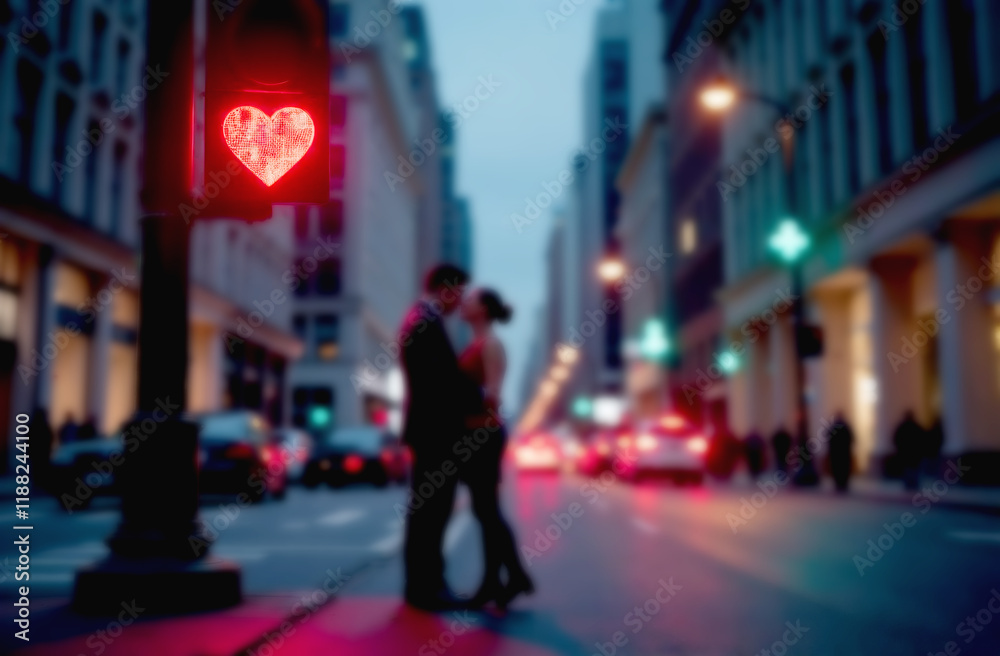 Man and a woman in love kiss at a traffic light, standing on the roadway. Valentine's Day concept. Blur effect. Man and a woman in love kiss at a traffic light, standing on the roadway. Valentine's Day concept. Blur effect.