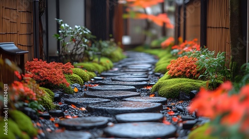 Rainy Day Stone Path Autumn Garden Japan photo