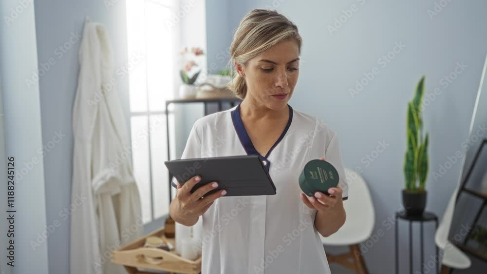 Woman reading tablet and holding product in spa center with modern decor Woman reading tablet and holding product in spa center with modern decor