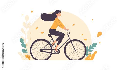 Minimalistic Vector Illustration of Woman Biking through Autumn Scenery