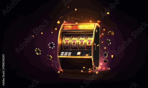 Gold Neon Casino Slot Machine with Playing Cards and Poker Chips in Dark Setting