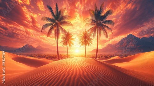 Fiery Sunset over Desert Dunes and Palm Trees