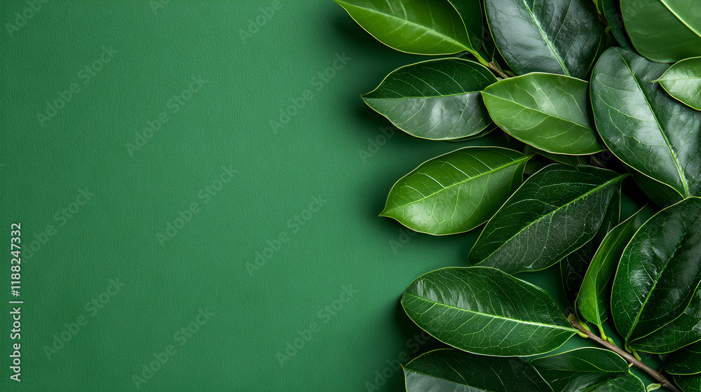 Obraz premium A collection of green leaves arranged on a solid green background, creating a natural aesthetic.