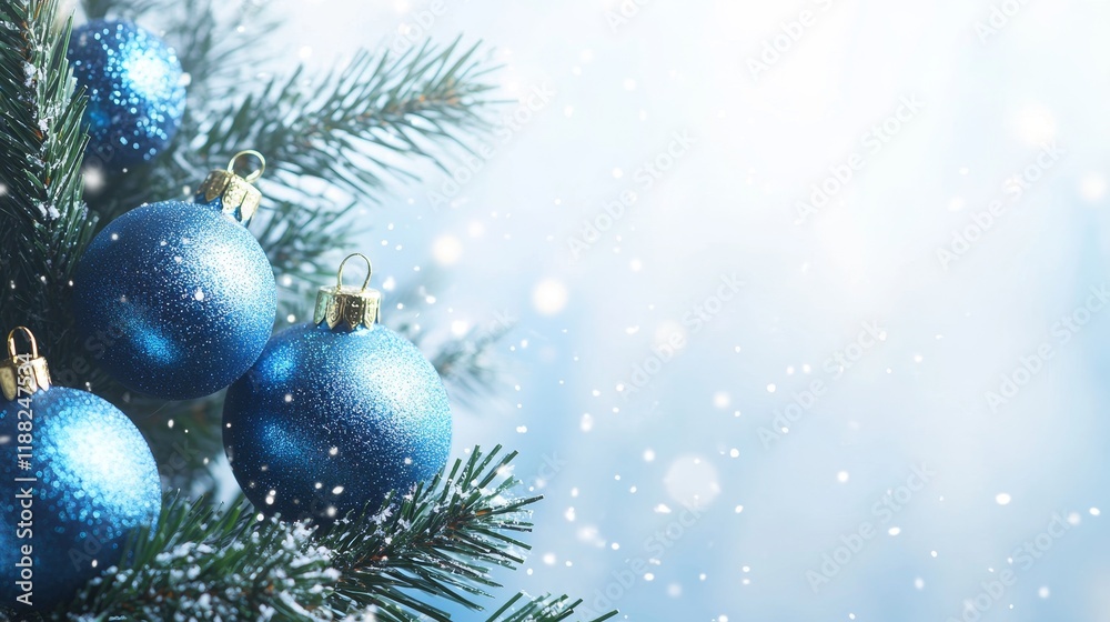 Festive blue christmas ornaments on evergreen tree in snowy winter scene Festive blue christmas ornaments on evergreen tree in snowy winter scene