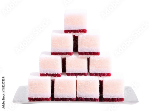 Lamington, pillowy sponge cake cubes coated in raspberry jam and desiccated coconut, Australian favorite, stacked in pyramid, bold pink and photo