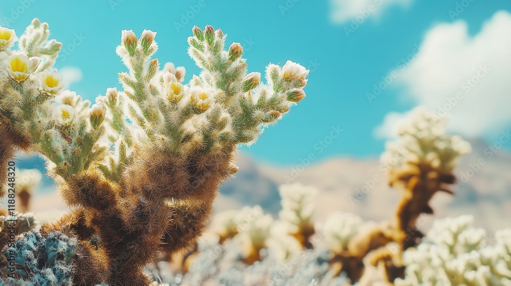 Naklejka premium Desert Bloom: Close-up of a Fuzzy Cactus in Full Flower Against a Bright Blue Sky