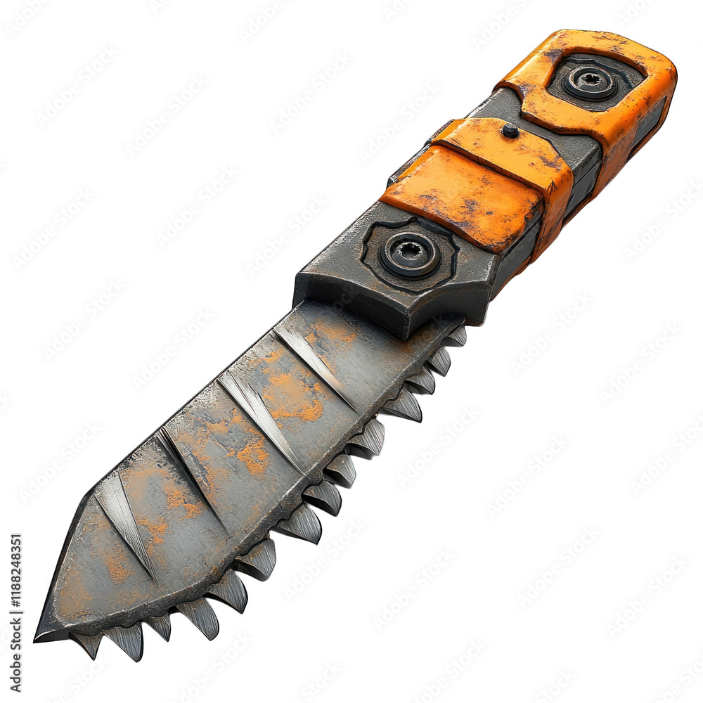 A rugged, serrated folding knife with an orange handle. A rugged, serrated folding knife with an orange handle.