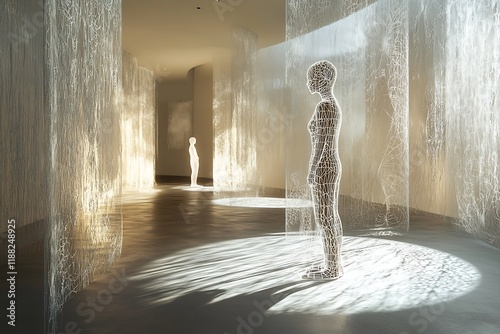 A modern art gallery with intricate wire sculptures and holographic light displays, highlighted by soft natural lighting and detailed shadows photo