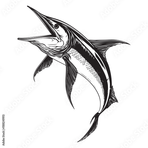 Black marlin fish vector illustration, Sea fish different poses Design
